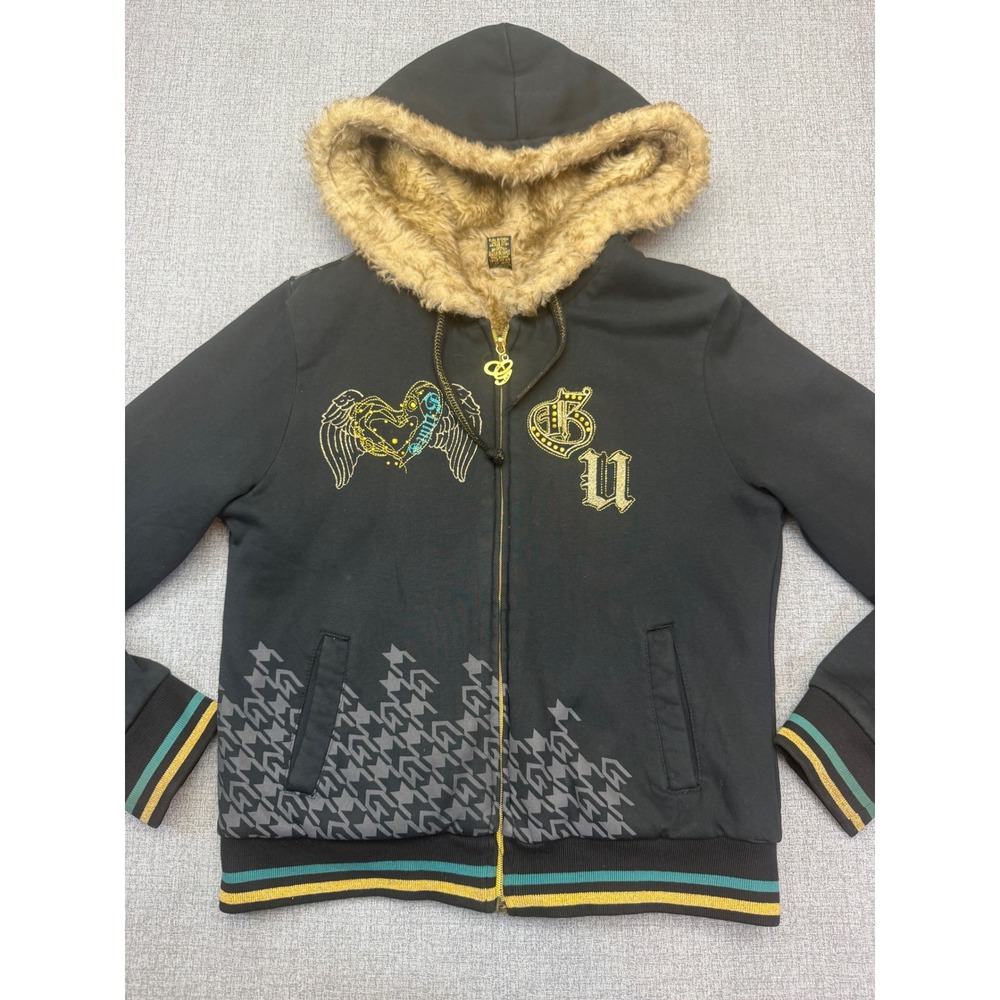 Vintage G Unit Y2K Fur Lined Full Zip Hoodie Women S Black Rhinestone Streetwear